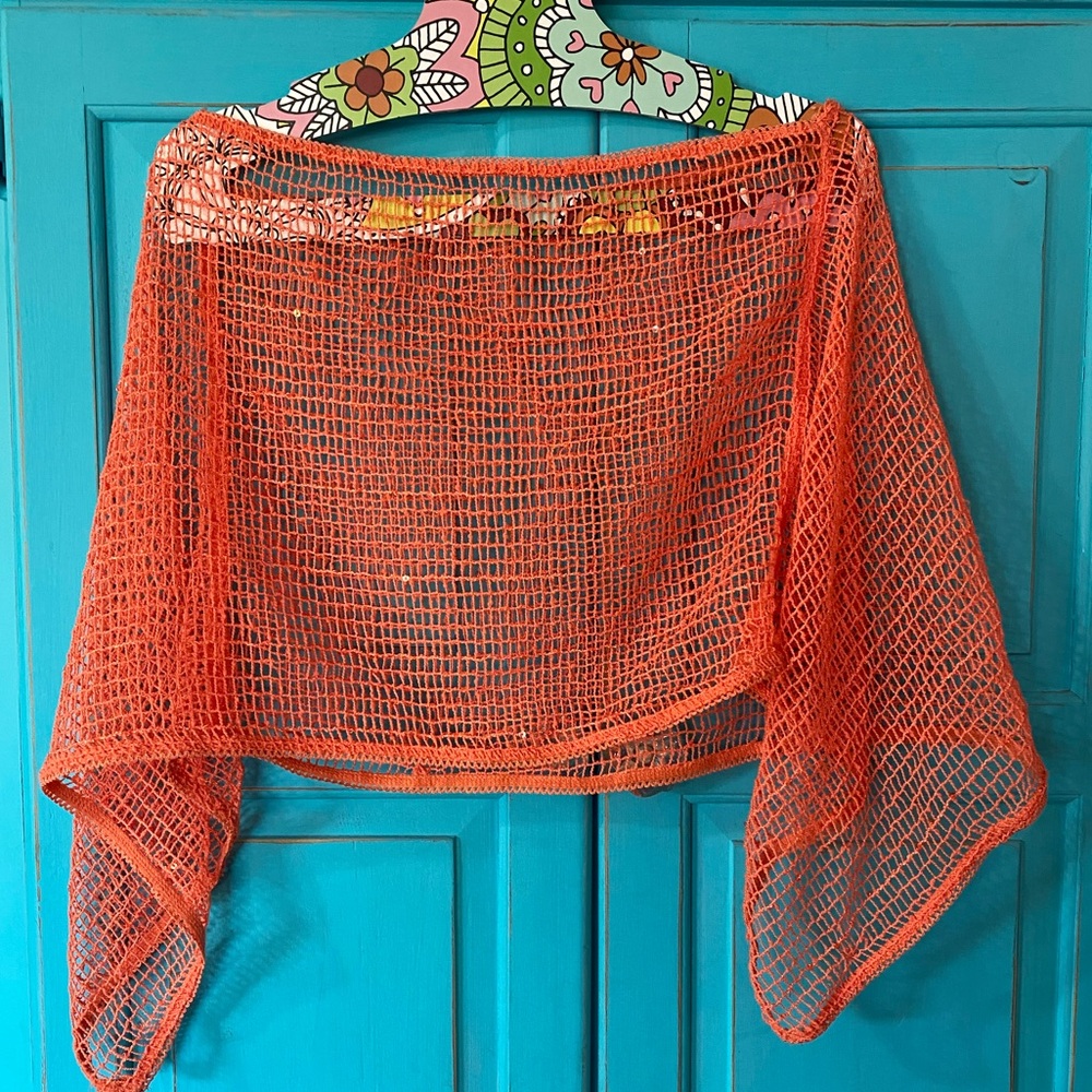 Crochet Woven Loose Weave Open Poncho Orange Bohemian Shrug Femimine Open Size